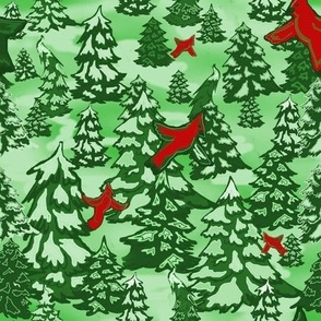 Winter Forest in green with red Cardinals