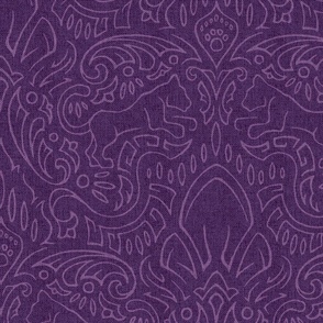 Leaping Panther Damask Amethyst Purple (Large Scale)