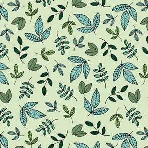 Fresh messy leaves for spring - Lush springtime garden boho scandinavian style freehand petals and branches blue green on soft green 
