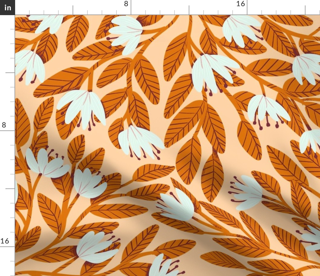 Dainty Flowers - White on Peach Background with Orange Leaves - Large