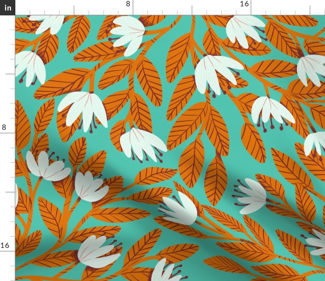 Dainty Flowers - White on Mint Background with Orange Leaves - Large