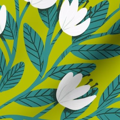 Dainty Flowers - White on Lime Green Background with Teal Leaves - Large