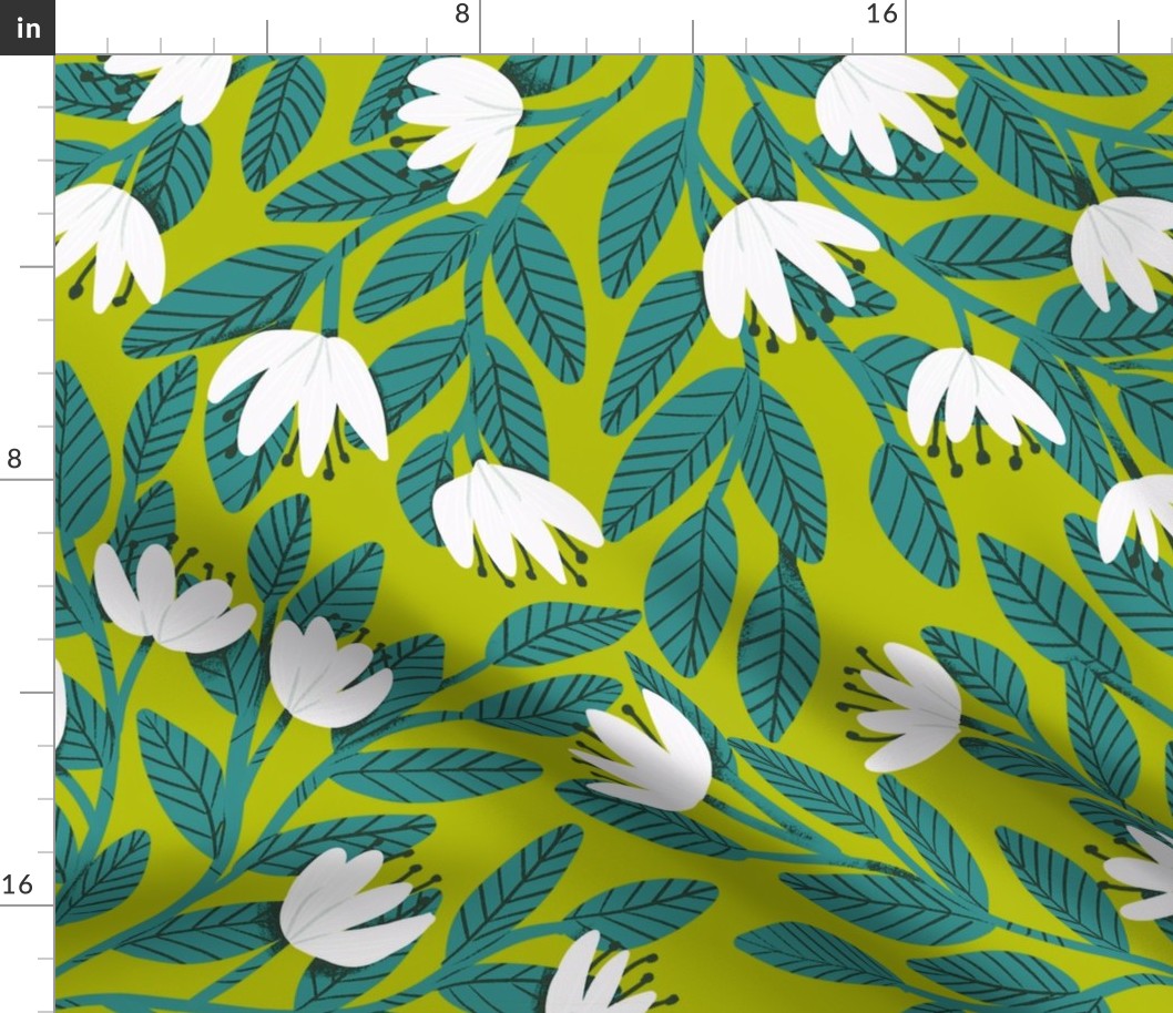 Dainty Flowers - White on Lime Green Background with Teal Leaves - Large