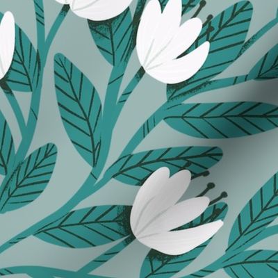 Dainty Flowers - White on Light Teal Background with Teal Leaves - Large