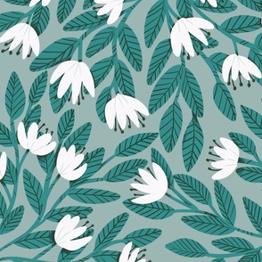 Dainty Flowers - White on Light Teal Background with Teal Leaves - Large
