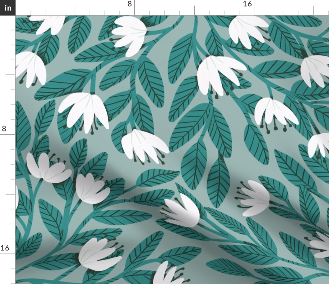 Dainty Flowers - White on Light Teal Background with Teal Leaves - Large