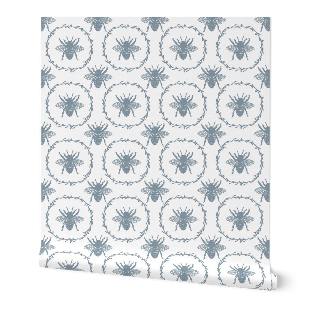 Large French Provincial Bees in Laurel Wreaths in Winter Blue on White