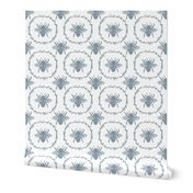 Large French Provincial Bees in Laurel Wreaths in Winter Blue on White