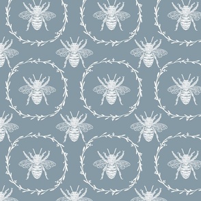 Large French Provincial Bees in Laurel Wreaths in White on Winter Blue