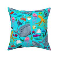 Cheerful Ocean Creatures - Bright Blue - Medium