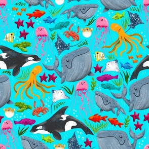 Cheerful Ocean Creatures - Bright Blue - Medium