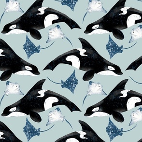 Orcas and Rays on Blue - Cheerful Ocean Creatures Coordinate - Medium