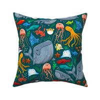 Cheerful Ocean Creatures - Dark Teal - Medium