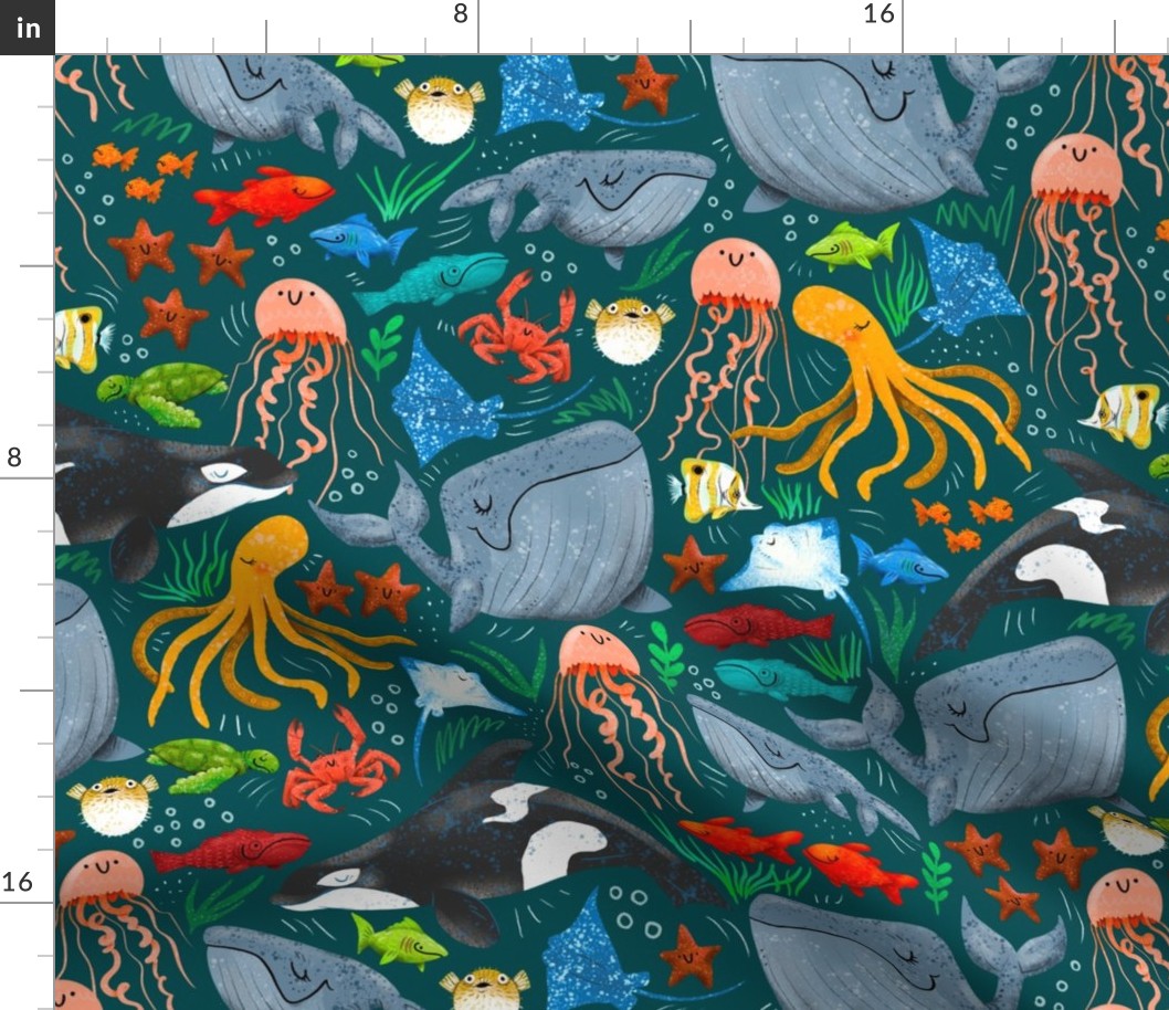 Cheerful Ocean Creatures - Dark Teal - Medium