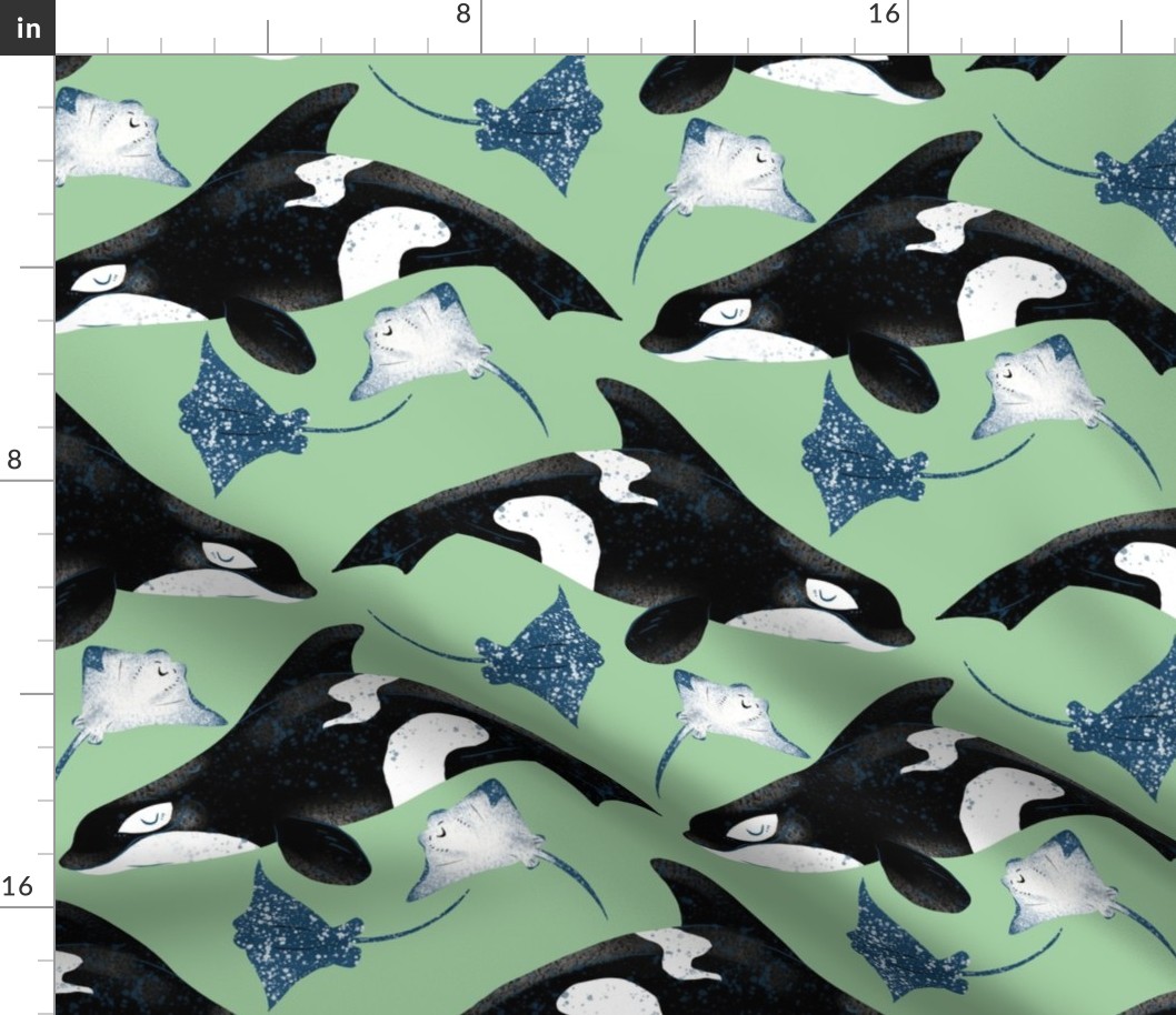 Orcas and Rays on Green - Cheerful Ocean Creatures Coordinate - Medium