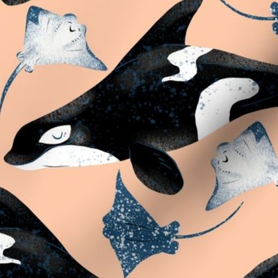 Orcas and Rays on Peach - Cheerful Ocean Creatures Coordinate - Medium