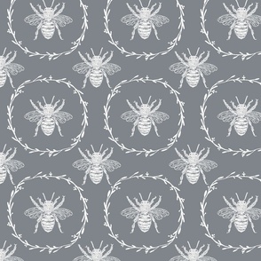 Large French Provincial Bees in Laurel Wreaths in White on Grey Blue