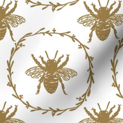 Large French Provincial Bees in Laurel Wreaths in Tan on White