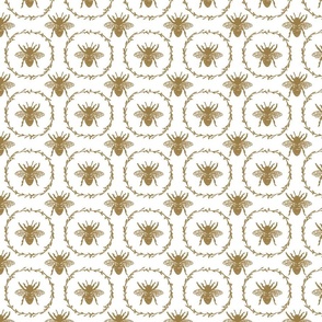 Small French Provincial Bees in Laurel Wreaths in Tan on White