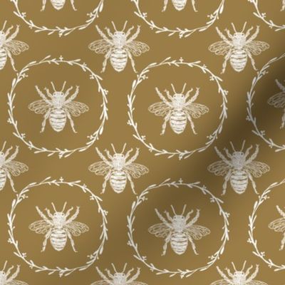 Small French Provincial Bees in Laurel Wreaths in White on Tan