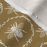 Small French Provincial Bees in Laurel Wreaths in White on Tan