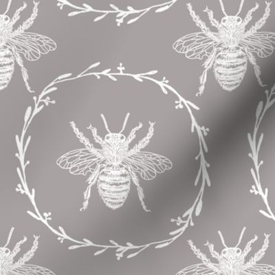 Large French Provincial Bees in Laurel Wreaths in White on Fawn