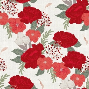 Merry and Bright Christmas Carnations on a Woven Off White Texture