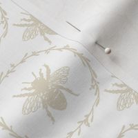 Small French Provincial Bees in Laurel Wreaths in Cream on White