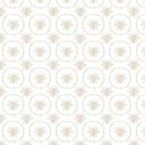 Small French Provincial Bees in Laurel Wreaths in Cream on White