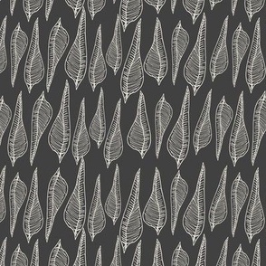 Medium Scale Woodcut Leaves in a Two Directional Pattern in Charcoal Grey and Eggshell White