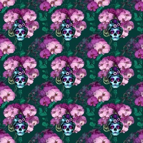 Art Nouveau skull with magenta flowers