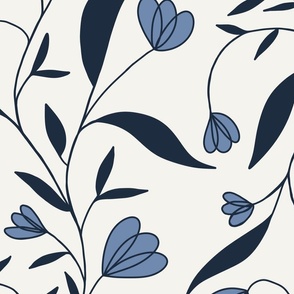 [Large] Trailing Florals – Modern and Delicate Leaves and Flowers, Dark Blue on Off-White //