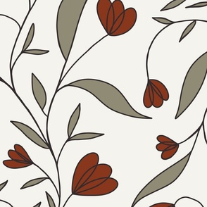 [Large] Trailing Florals – Modern and Delicate Leaves and Flowers, Rust Red and Olive Green on Off-White //