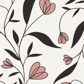 [Large] Trailing Florals – Modern and Delicate Leaves and Flowers, Dusty Pink, Dark Brown and Off-White //
