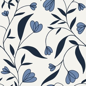 Trailing Florals – Minimalist and Simple Leaves and Flowers, Dark Blue on Off-White //