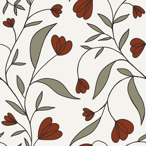 Trailing Florals – Minimalist and Simple Leaves and Flowers, Rust Red and Olive Green on Off-White //