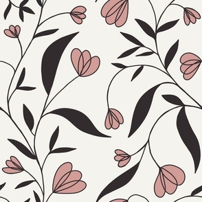 Trailing Florals – Minimalist and Simple Leaves and Flowers, Dusty Pink and Dark Brown on Off-White //