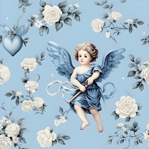 Angels, Flowers & Hearts on Blue - medium