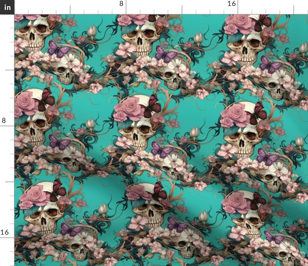 Skulls in turquoise and rose with butterflies