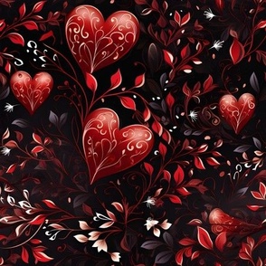 Red Hearts & Leaves on Black - medium