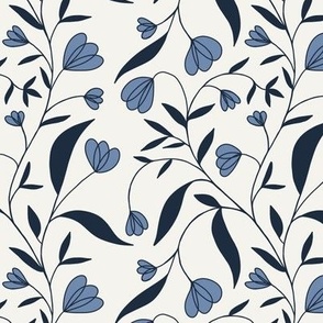 [Small] Trailing Florals – Romantic and Delicate Leaves and Flowers, Dark Blue on Off-White //