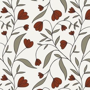 [Small] Trailing Florals – Romantic and Delicate Leaves and Flowers, Rust Red and Olive Green on Off-White //