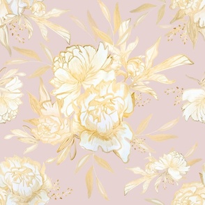 Large Gold White Flowers on Blush Pink / Painted / Leaves / Floral