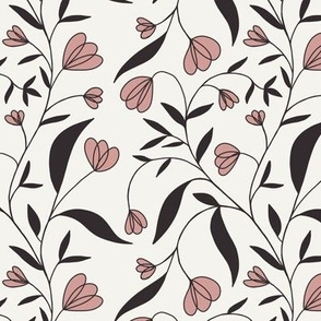 [Small] Trailing Florals – Modern and Delicate Leaves and Flowers, Dusty Pink, Dark Brown and Off-White //