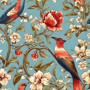 Birds & Flowers on Blue - medium