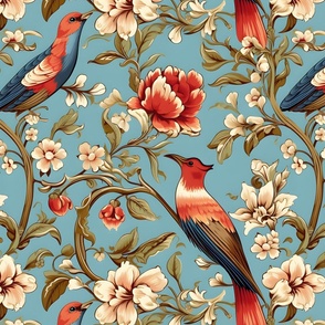 Birds & Flowers on Blue - large