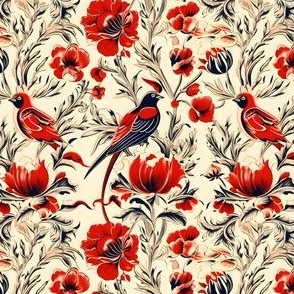 Red, Cream Birds & Flowers - small