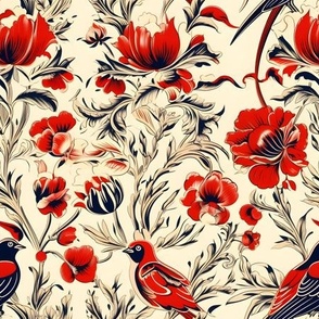 Red, Cream Birds & Flowers - medium