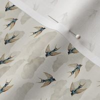 Ditsy retro swallow birds and clouds on beige watercolor