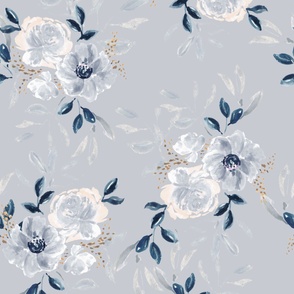 Blue and White Floral - Painted Wild Roses and Leaves - Chintz